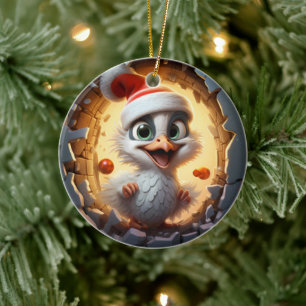 3D Christmas Bird With A Santa Hat Ceramic Tree Decoration