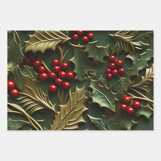 3D Christmas Delight - Holly Leaves & Berries Wrapping Paper Sheet (Front)