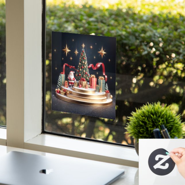 3D Christmas podium with Santa and Christmas tree Window Cling (Office)
