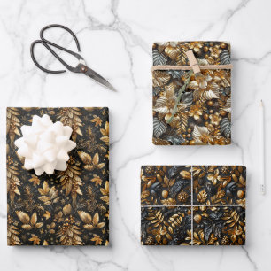 3D Christmas Seamless Gold & Black Background Wrapping Paper Sheet