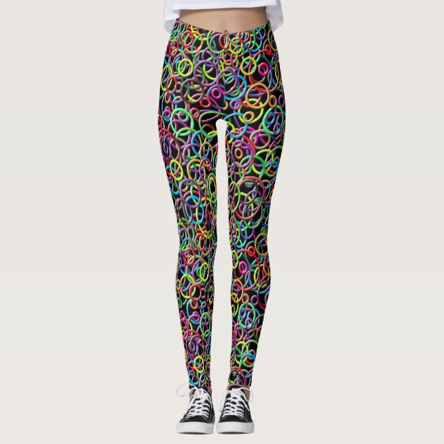 3D Circles on Black Background Leggings (Front)