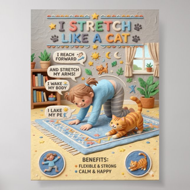 3D Clay Cute Kid and Cat Stretching Educational Poster (Front)