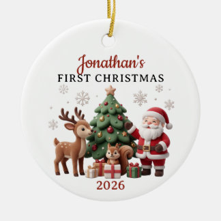 3D Clay Santa & Reindeer Baby 1st Christmas Ceramic Tree Decoration