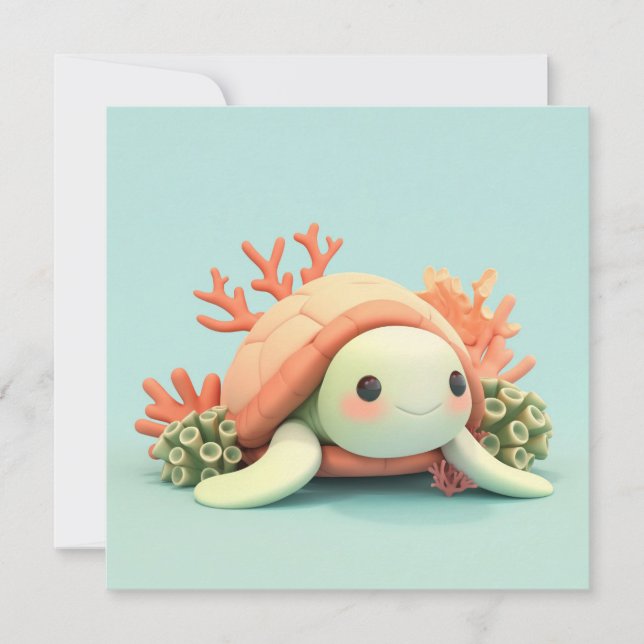 3D Clay Sea Turtle in Orange Coral Reef Postcard  (Front)