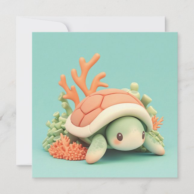 3D Clay Sea Turtle with Orange Coral Reef Postcard (Front)