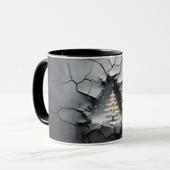 3D Cracked Grey Wall Christmas Tree Mug (Front Left)