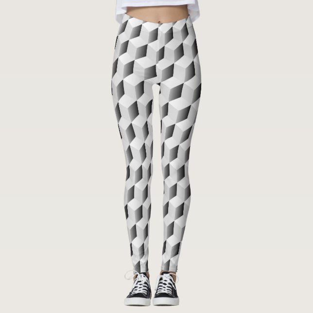 3D Cubes in Shades of Grey Leggings (Front)