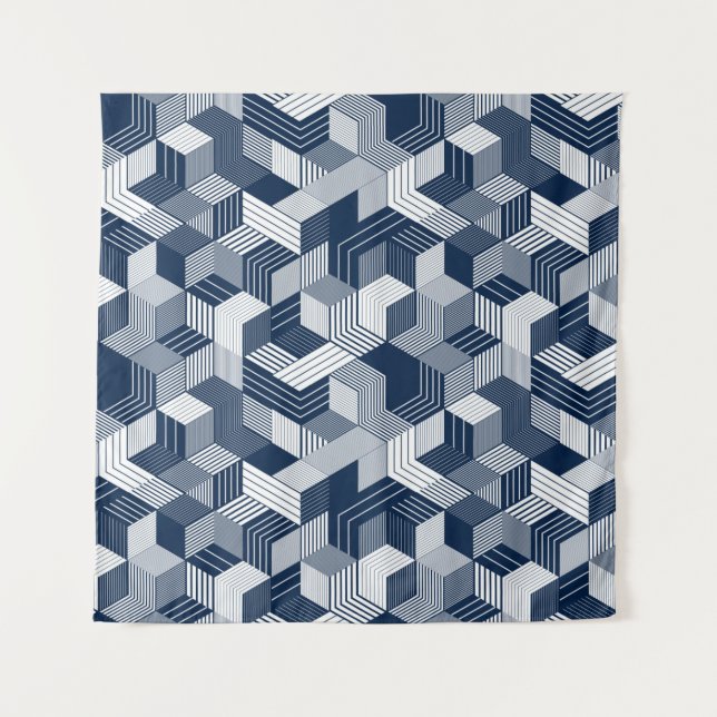 3D cubes seamless pattern background, lined dimens Tapestry (Front)