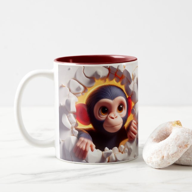 3D Cute Baby Chimpanzee Hot Cocoa Coffee Animals Two-Tone Coffee Mug (With Donut)