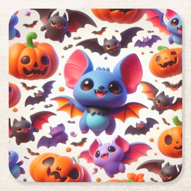 3D cute bats halloween Square Paper Coaster (Front)