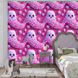 3D Cute Pink Ghost Halloween Seamless Design Wallpaper