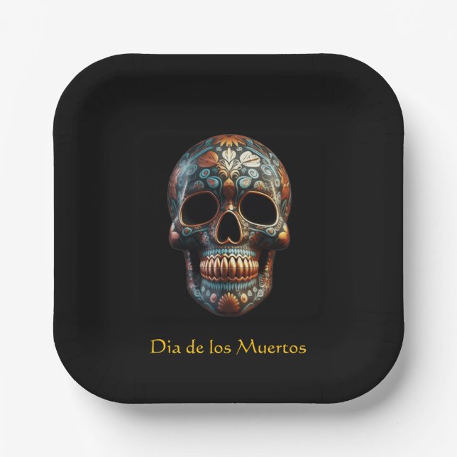 3D Day of the Dead skull, custom Paper Plate (Front)