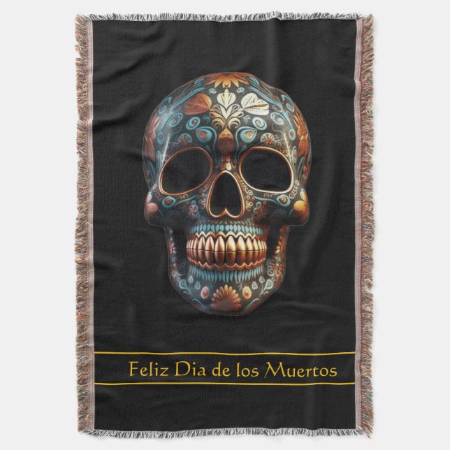 3D Day of the Dead skull, custom Throw Blanket (Front Vertical)