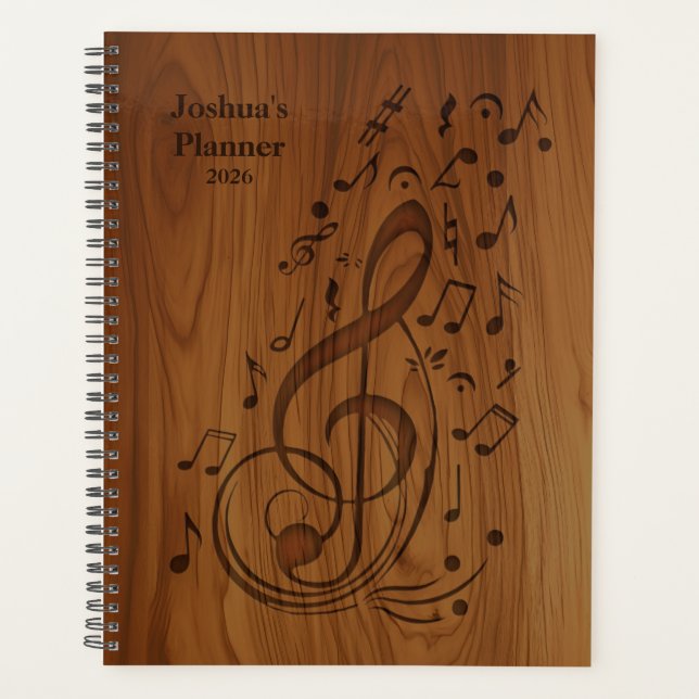 3D Debossed Clef Musical Notes on Wood Planner (Front)