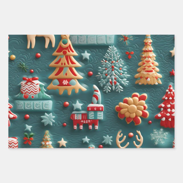 3D Delight Christmas Theme Wrapping Paper Sheet (Front)