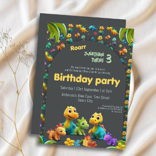 3d Dino cute dinosaur crew 3rd birthday Invitation