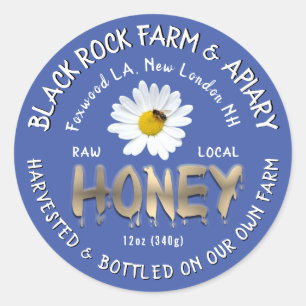 3D Dripping Gold Honey Text Daisy Honeybee on Blue Classic Round Sticker