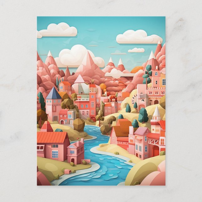 3D Effect Abstract Fall Town Background Postcard (Front)