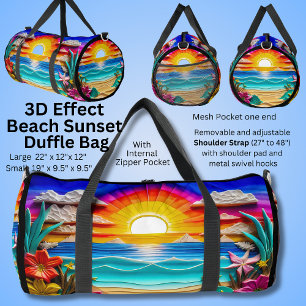 3D Effect, Beach Sunset Flowers Clouds Painting Duffle Bag
