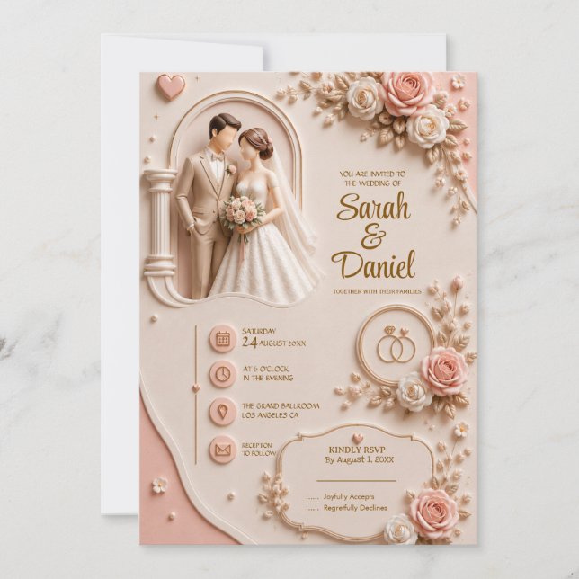 3D Elegant Blush Pink Wedding Invitation (CUSTOM) (Front)