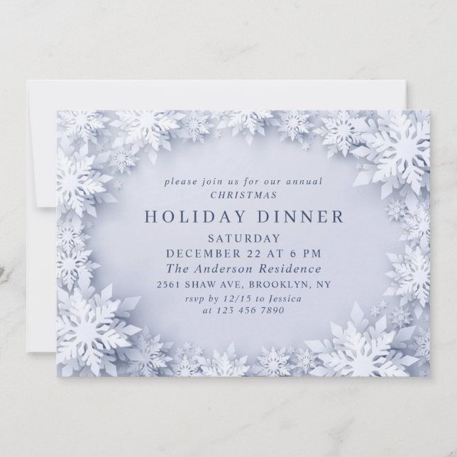 3D Elegant Snowflakes Christmas HOLIDAY DINNER Invitation (Front)