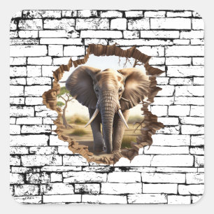 3D Elephant Wall Break Art – Realistic Safari (2) Square Sticker