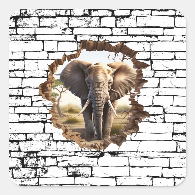 3D Elephant Wall Break Art – Realistic Safari (2) Square Sticker (Front)