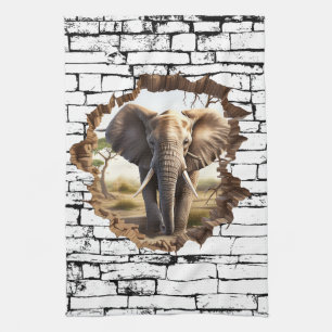 3D Elephant Wall Break Art – Realistic Safari (2) Tea Towel