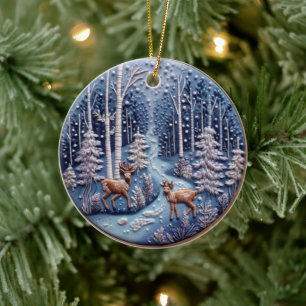 3D Embroidered Look Deer Winter Forest Landscape Ceramic Tree Decoration