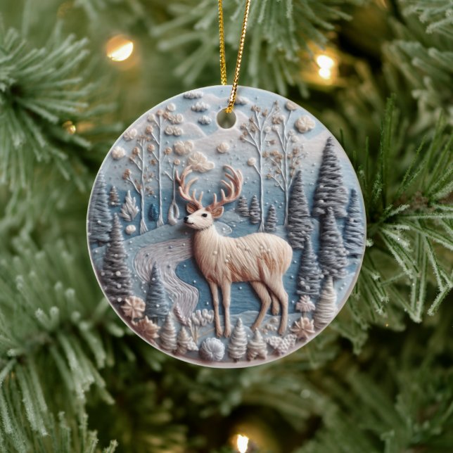 3D Embroidered Look Deer Winter Forest Landscape Ceramic Tree Decoration (Tree)