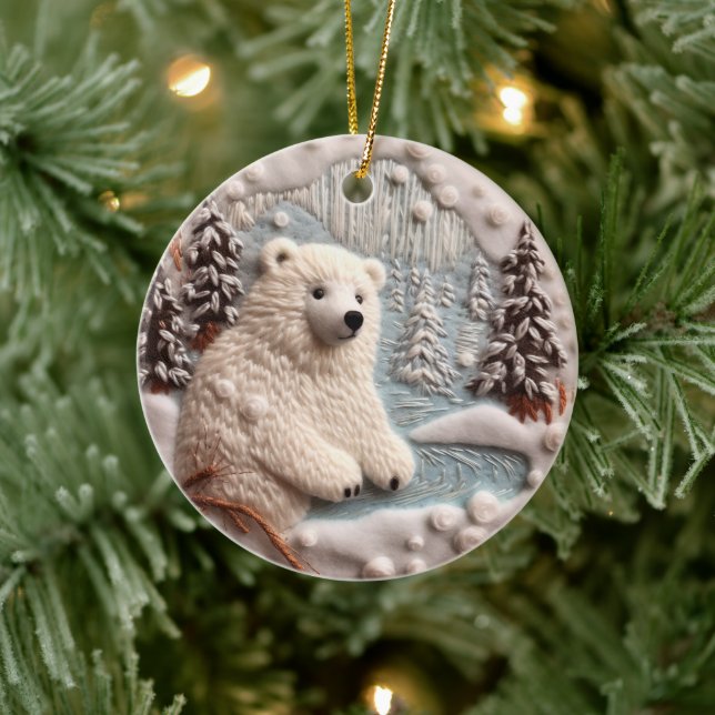 3D Embroidered Look Polar Bear Christmas Winter  Ceramic Tree Decoration (Tree)
