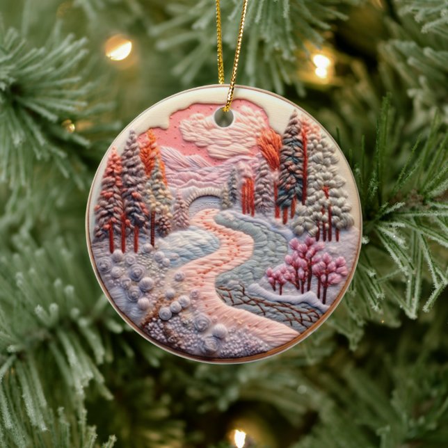 3D Embroidered Look Winter Forest Landscape Ceramic Tree Decoration (Tree)