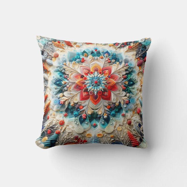 3D Embroidered Look Winter Mandala Kaleidoscope Cushion (Front)