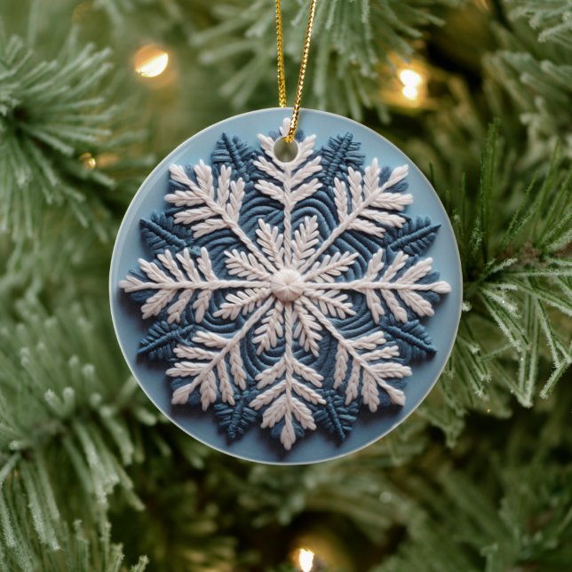 3D Embroidered Look Winter Snowflake Christmas Ceramic Tree Decoration (Tree)