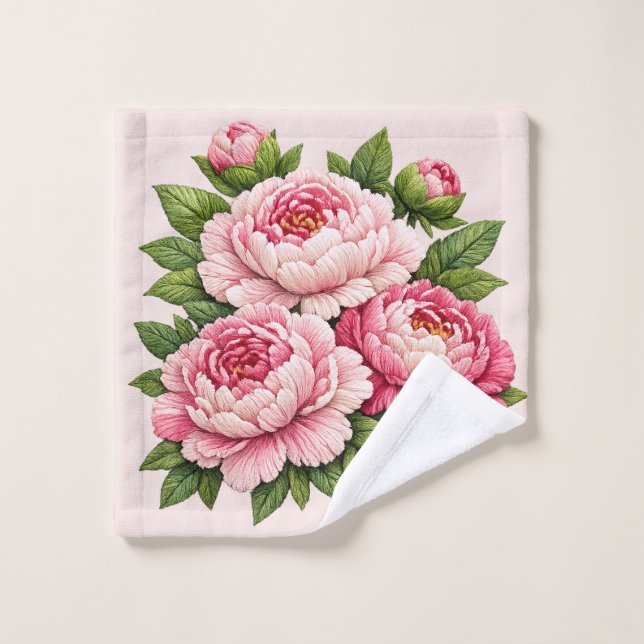3D Embroidered Peonies Illustration Wash Cloth (Wash Cloth)