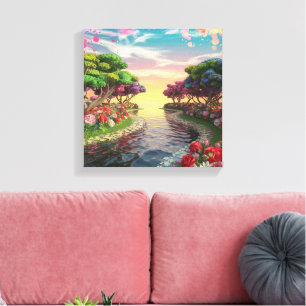 3D Fantasy Sunset Over Serene Lake with Vibrant Canvas Print