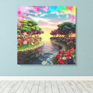 3D Fantasy Sunset Over Serene Lake with Vibrant Canvas Print