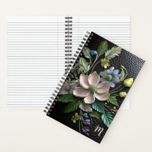 3D floral embossed black leather look monogram Notebook