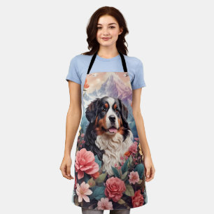 3D Floral Fantasy Bernese Mountain Dog Birds View Apron