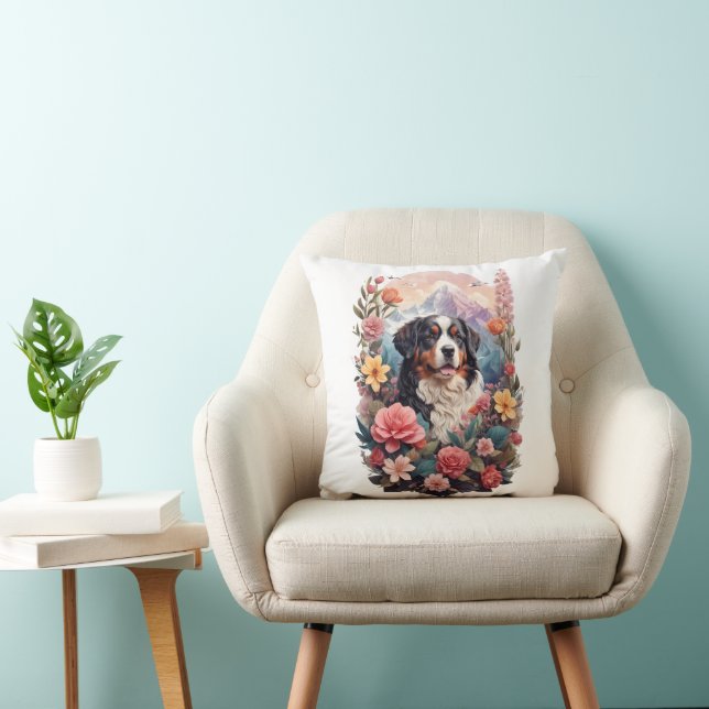 3D Floral Fantasy Bernese Mountain Dog Birds View Cushion (Chair)