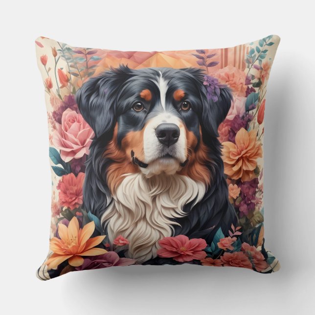 3D Floral Fantasy Bernese Mountain Dog Birds View Cushion (Back)