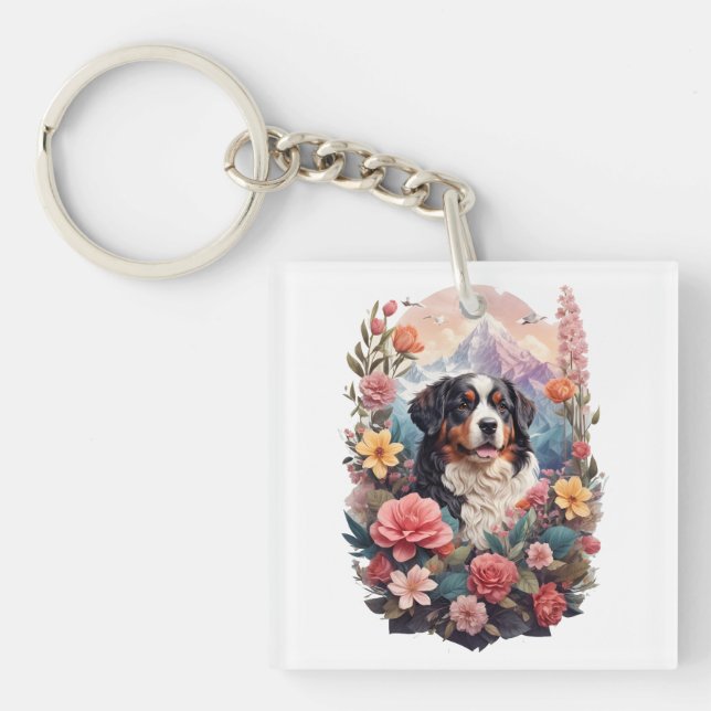 3D Floral Fantasy Bernese Mountain Dog Birds View Key Ring (Front)
