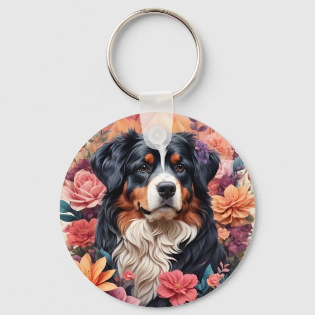 3D Floral Fantasy Bernese Mountain Dog Birds View Key Ring (Back)