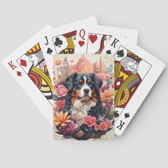 3D Floral Fantasy Bernese Mountain Dog Birds View Playing Cards (Back)