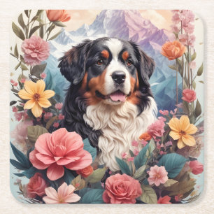 3D Floral Fantasy Bernese Mountain Dog Birds View Square Paper Coaster