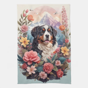 3D Floral Fantasy Bernese Mountain Dog Birds View Tea Towel