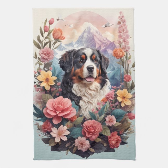 3D Floral Fantasy Bernese Mountain Dog Birds View Tea Towel (Vertical)