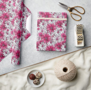 3D Floral Pattern with Hot Pink and White Blooms Wrapping Paper