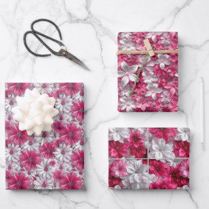 3D Floral Pattern with Hot Pink and White Blooms Wrapping Paper Sheet