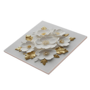 3d floral sculpted white flowers and gold leaves tile